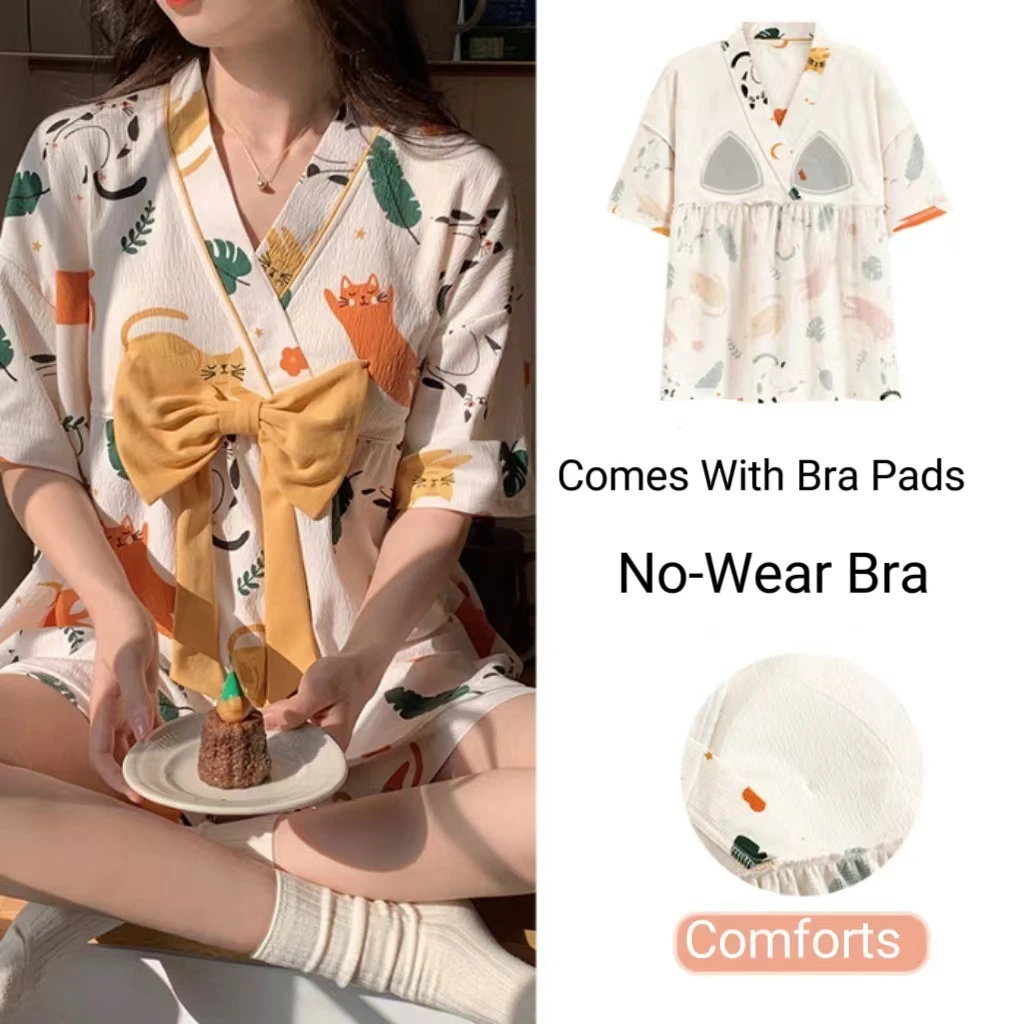 New Two-Piece Women\'s Pajamas Homewear Maternity Pajamas Summer Breastfeeding Clothes Imitation Cotton Homewear Leisure Suit