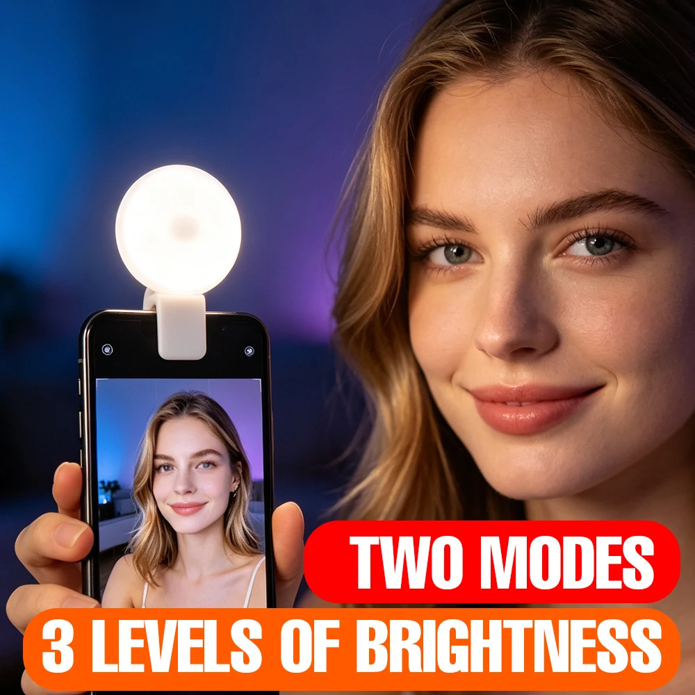 Clip LED Fill Light 3Brightness 2Modes USB Rechargeable Lamp Selfie Makeup Live Vlog Mobile Portrait Video Shooting White/Pink