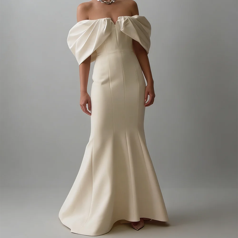 Elegante schulterfreie, gerüschte, ärmellose Meerjungfrau-Brauthochzeitskleider aus Satin, maßgeschneidert