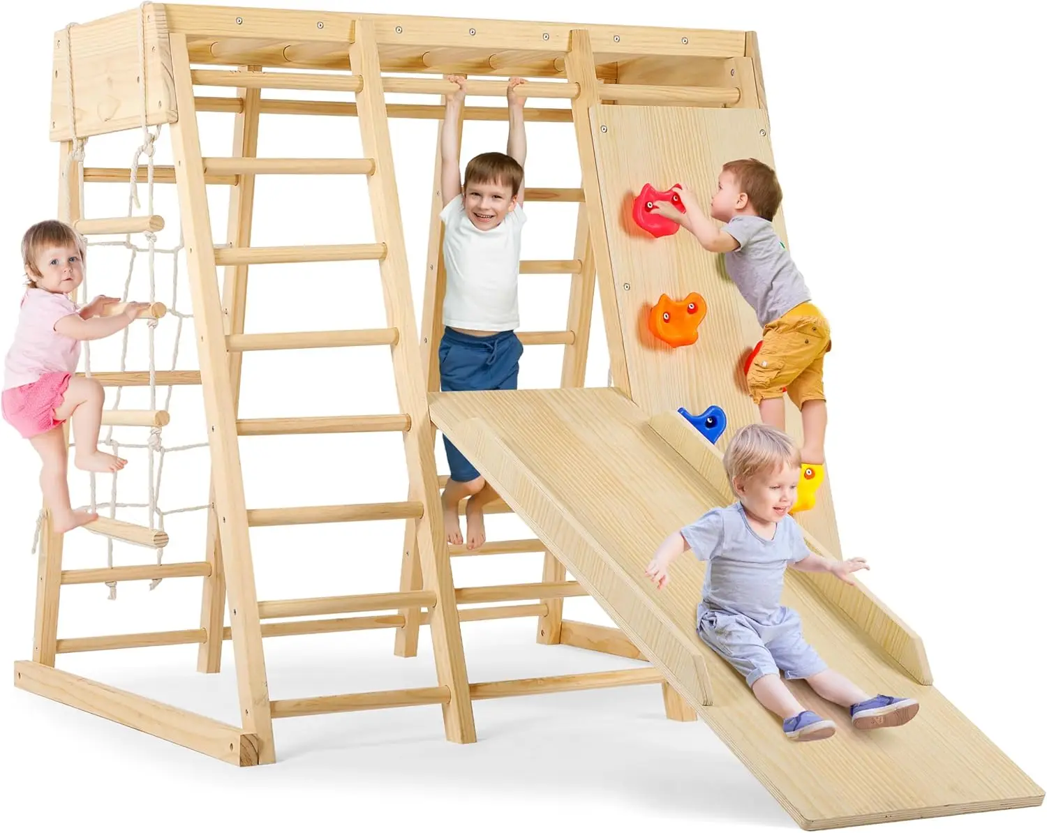 Functions Jungle Gym Baby Climbing Toys, Montessori Waldorf Style Wooden Toddlers Climber Playset for Children Kids 2-7 with Sli