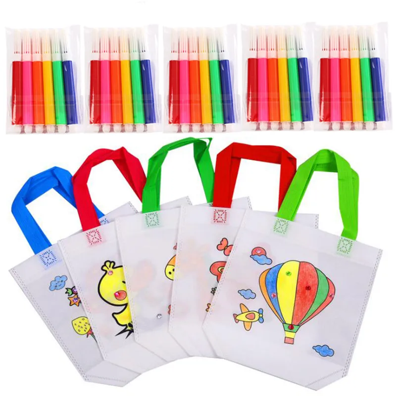 5 conjuntos diy graffiti saco com marcadores pintura artesanal saco não tecido para crianças artes artesanato cor enchimento desenho sacos brinquedo