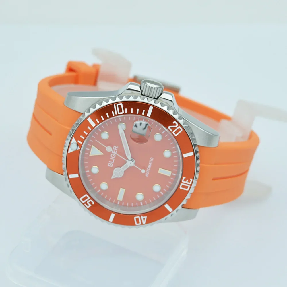 40mm Orange Mechanical Watches NH35A Automatic Self-Winding Movement See-through Glass Back Sapphire Crystal Custom logo Watches