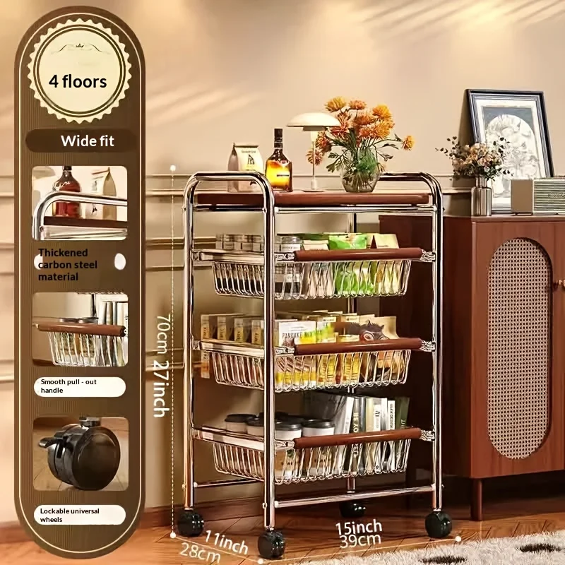 

Four-Tier Rolling Storage Cart for Organization and Storage | Heavy-Duty Carbon Steel Storage Cart with Pull-Out Wire Baskets