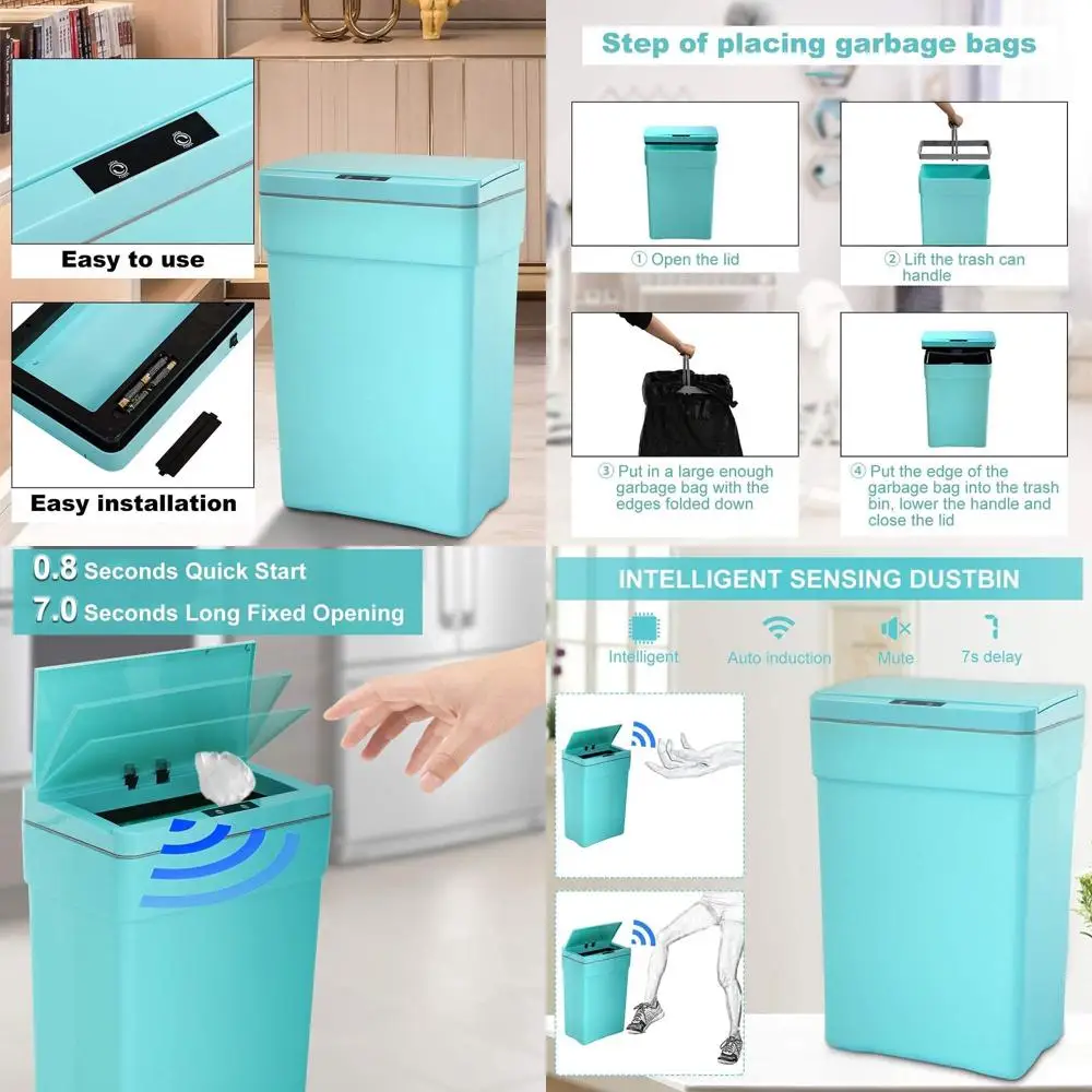 

Automatic 13 Gallon Plastic Trash Can with Lid, Ideal for Kitchen and Home Office, Black (2 Pack - Blue)