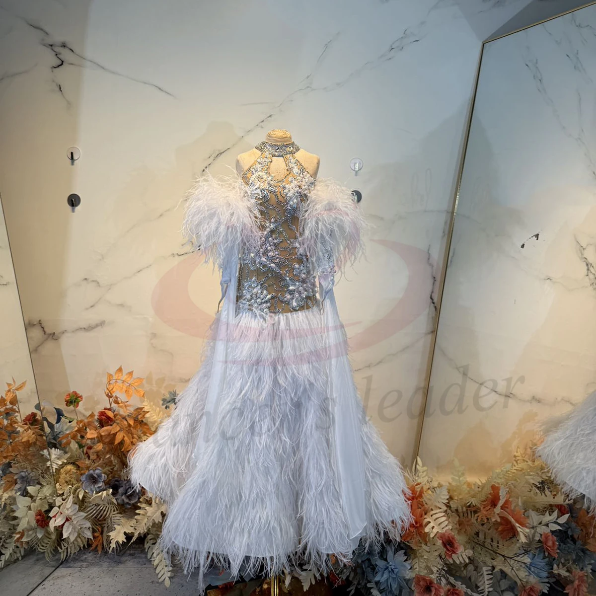 

Latin Modern Dance Costume Diamond Women's High end Customized Large Pearl Splicing Mesh Fluffy Skirt Waltz Performance Dress