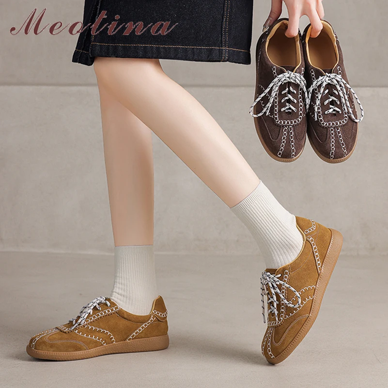 

Женские кроссовки Meotina из натуральной кожи с круглым носком, замшевые туфли на плоской подошве, на шнуровке, лаконичные, модные повседневные туфли для женщин, весна-осень, коричневые