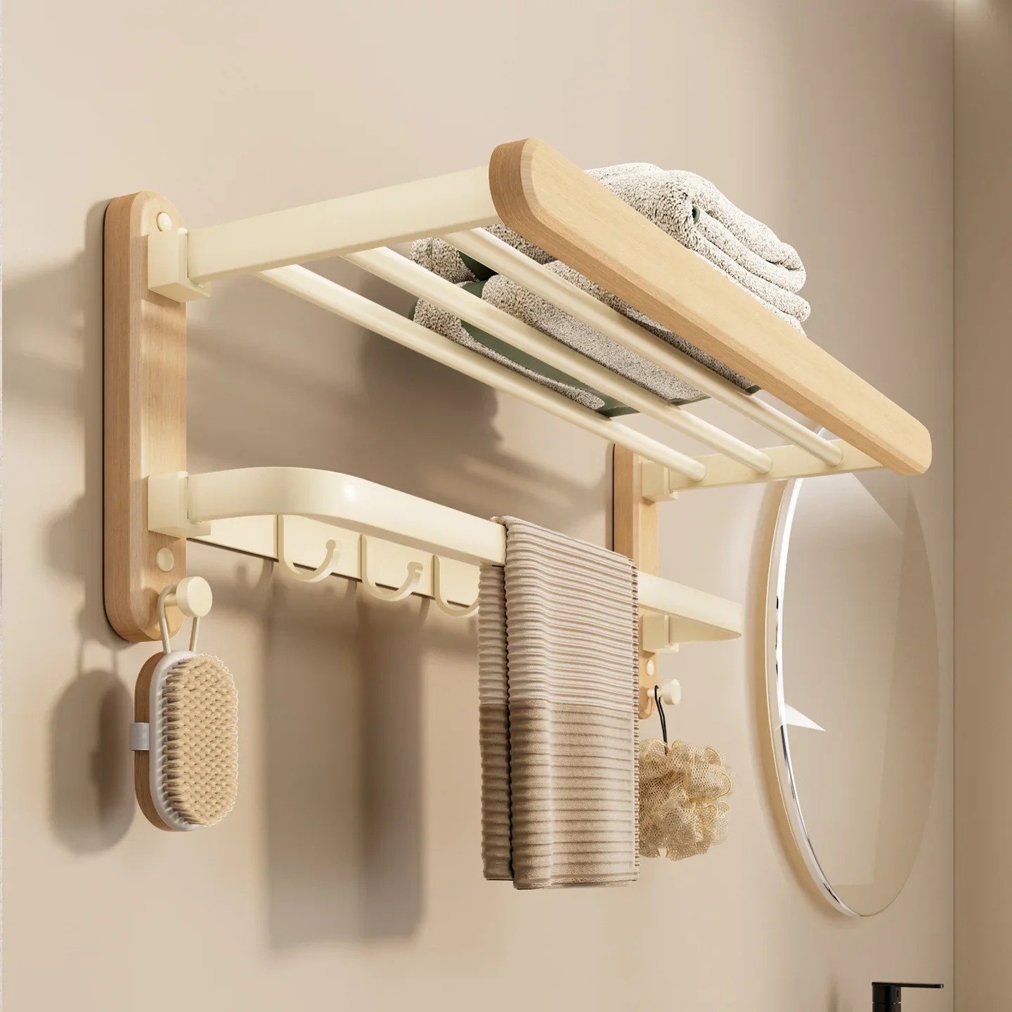 Log and cream style towel rack, high - end solid wood bath towel storage rack for bathroom, washroom, restroom and toilet