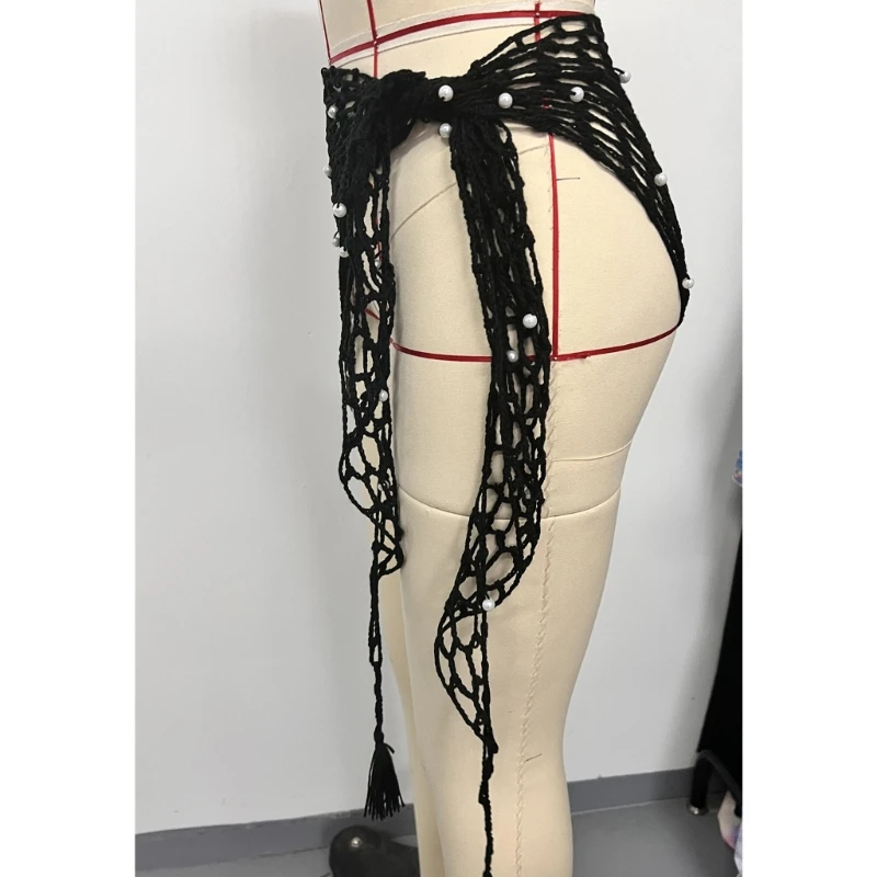 E8BF女性ビーチスカートハーフビーチカバーアップホローアウト水着ラップスカートビーチサロンフィッシュネットスカート