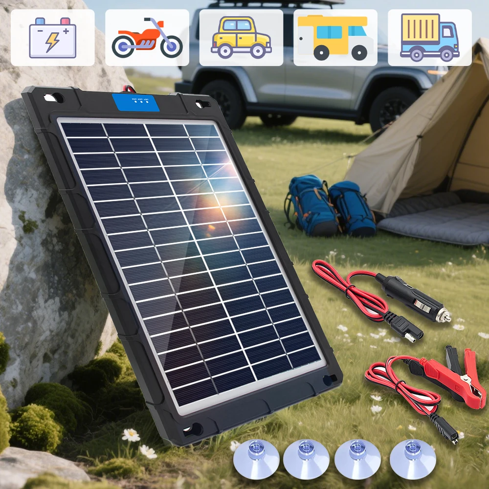 Solar Panel 12V Car Battery Charger Built In Charge Controller IP65 Waterproof Anti Shatter Solar Trickle Charger With Cigarette Lighter Alligator Clips Suction Cups For Motorcycle RV Boat Truck