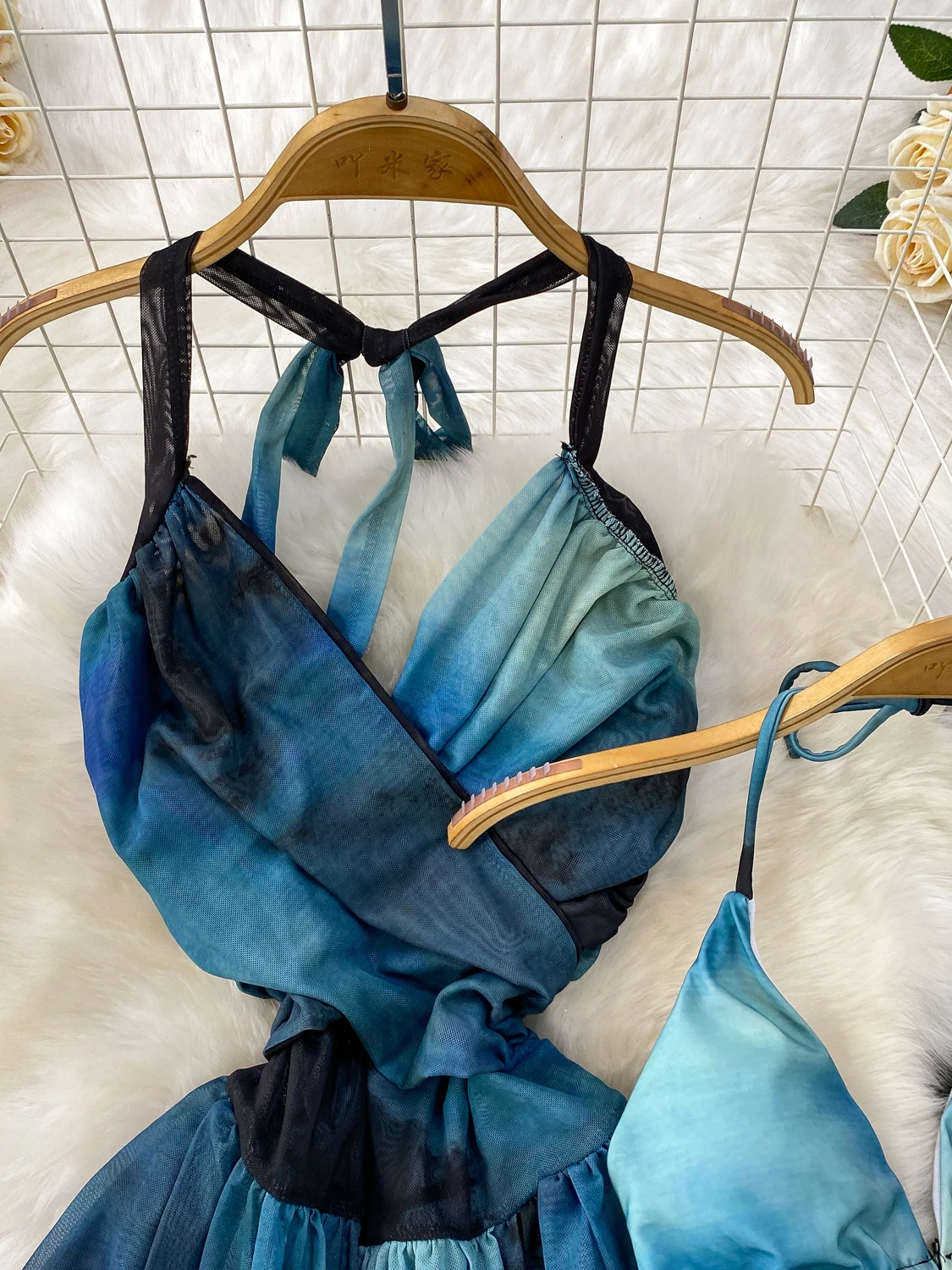 Vaion Sle Tie Dye V Ne Hanging Ne Dr femmes été taille Cinch asymétrique Long Dr avec maillot de bain t-shirt ensemble de pièces