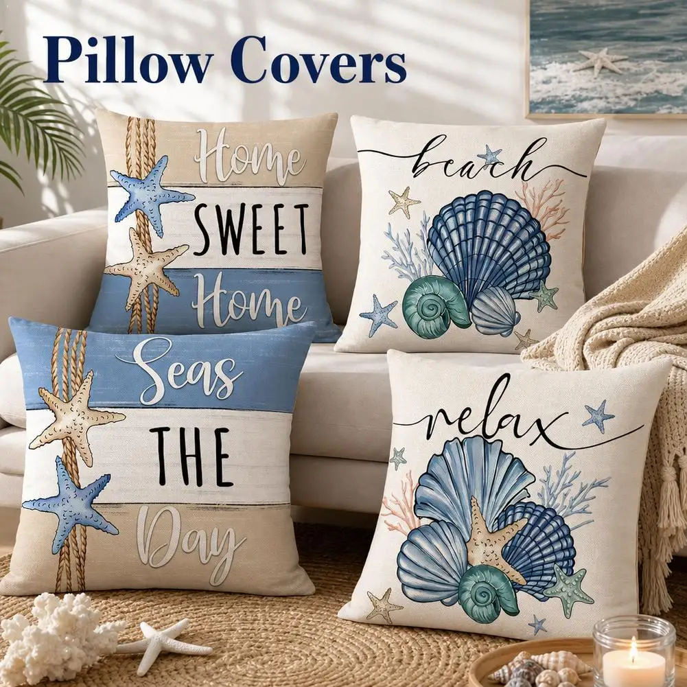 Summer Ocean Starfish Pillowcase Nautical Shell Scallop Printed Cushion Cover Decorative Pillow Case For Sofa Bedroom