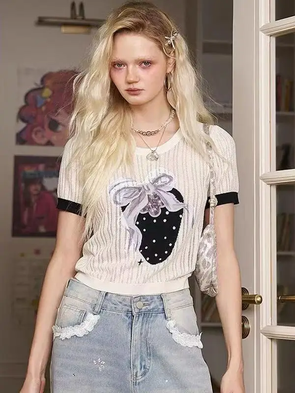 2025 verão camisola de malha fina topos feminino morango bordado manga curta camisetas elegantes moda senhoras malhas