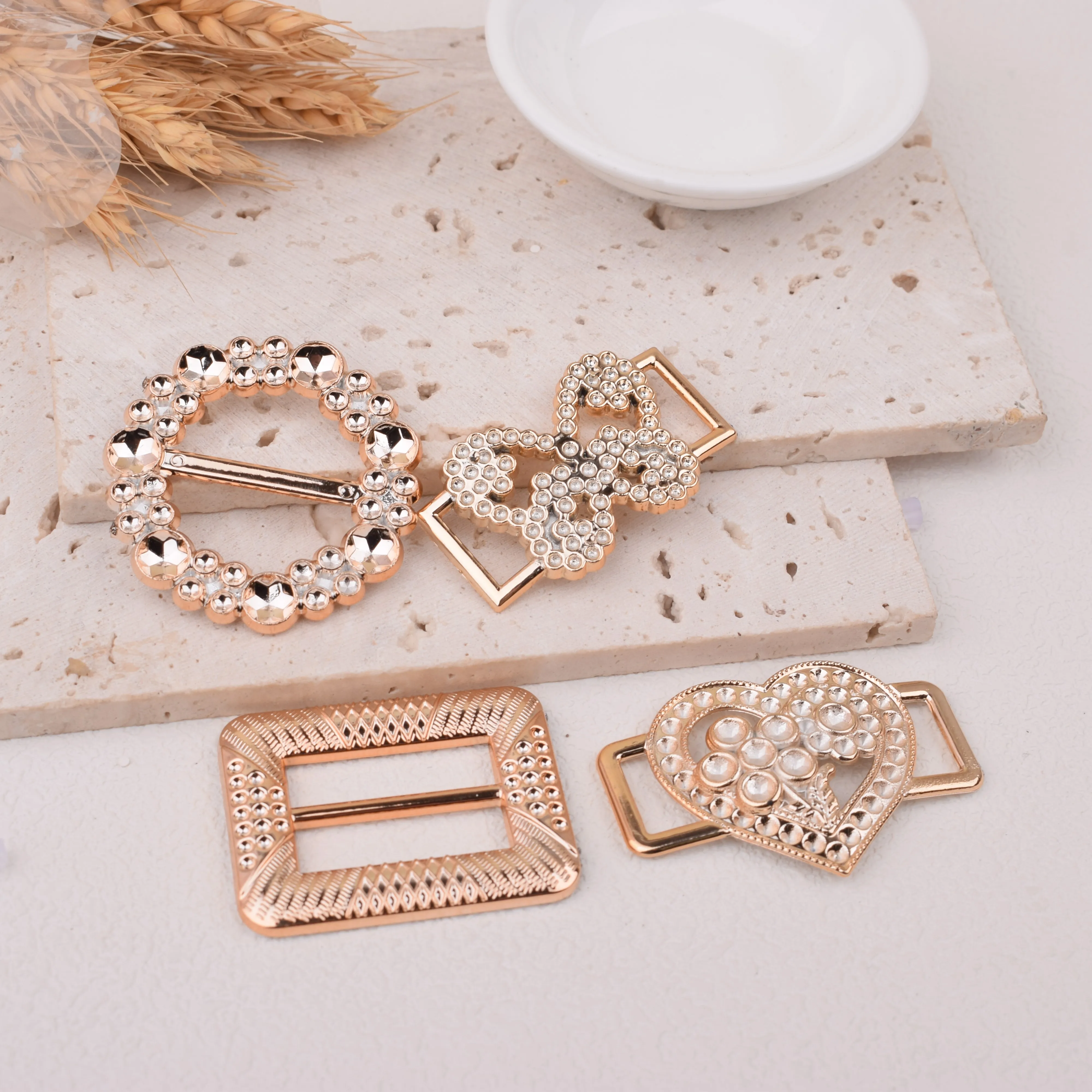 16pcs uv plated rose gold no fade ribbon buckle Round  heart  butterfly square Invitation Ribbon Slider Headband Hair Clip DIY