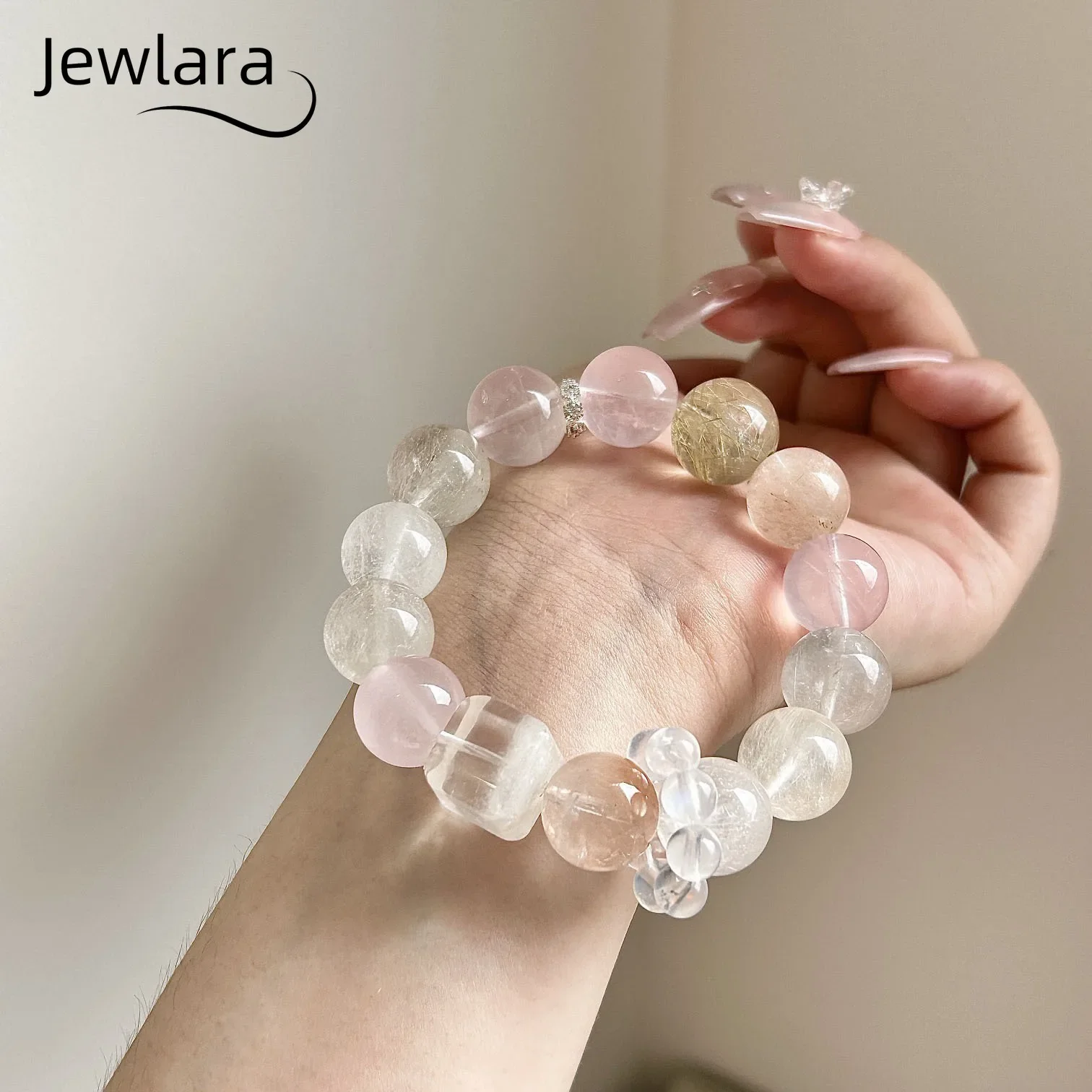 JEWLARA Jewelry Cute Natural Rabbit Hair Mo Powder Golden Hair Crystal Snowflake Ghost Bracelet Girls Big Particle Personality B