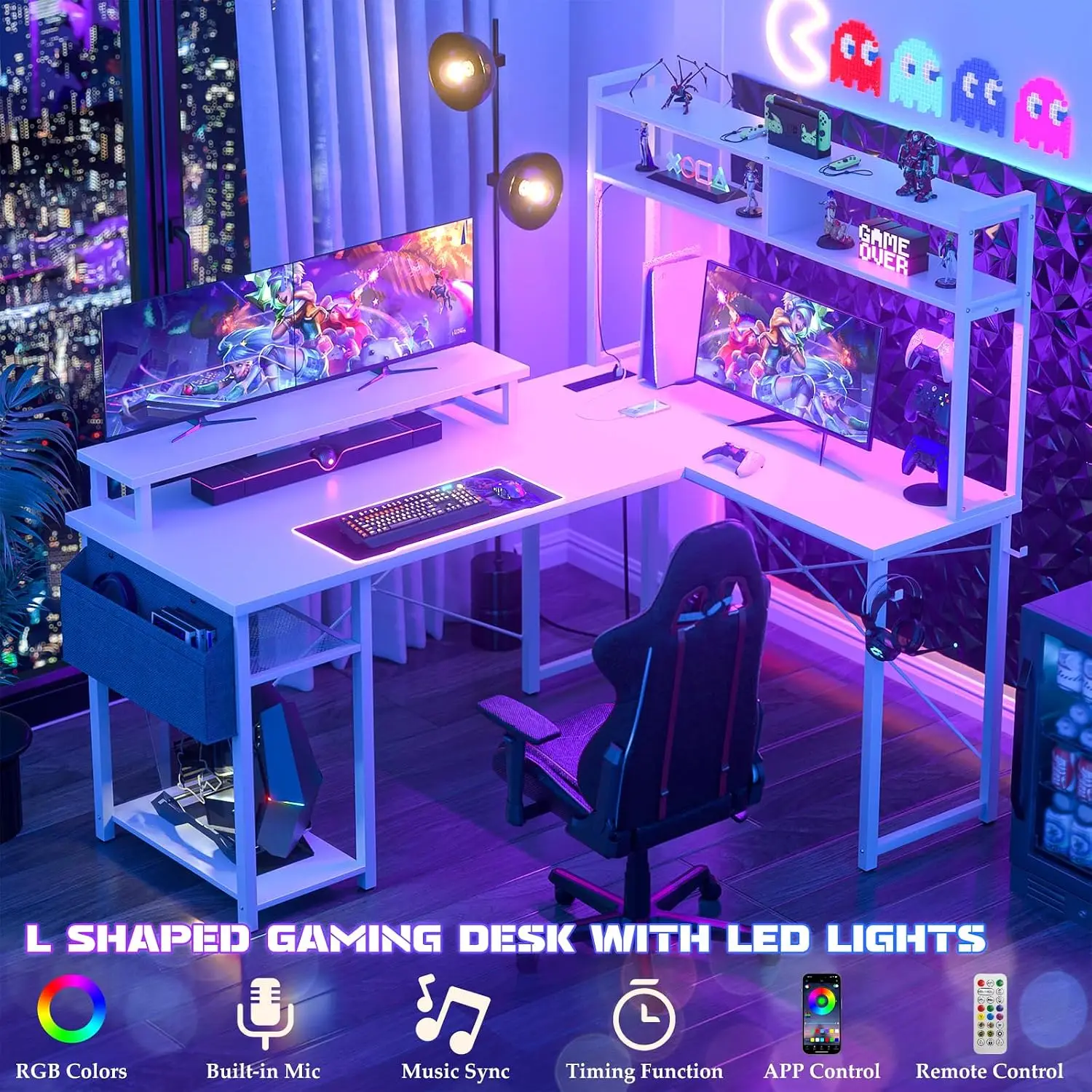 Small L Shaped Desk Gaming Desk with LED Lights & Power Outlets | Reversible L-Shaped Computer Desk with Monitor Stand & Shelf, - view 3