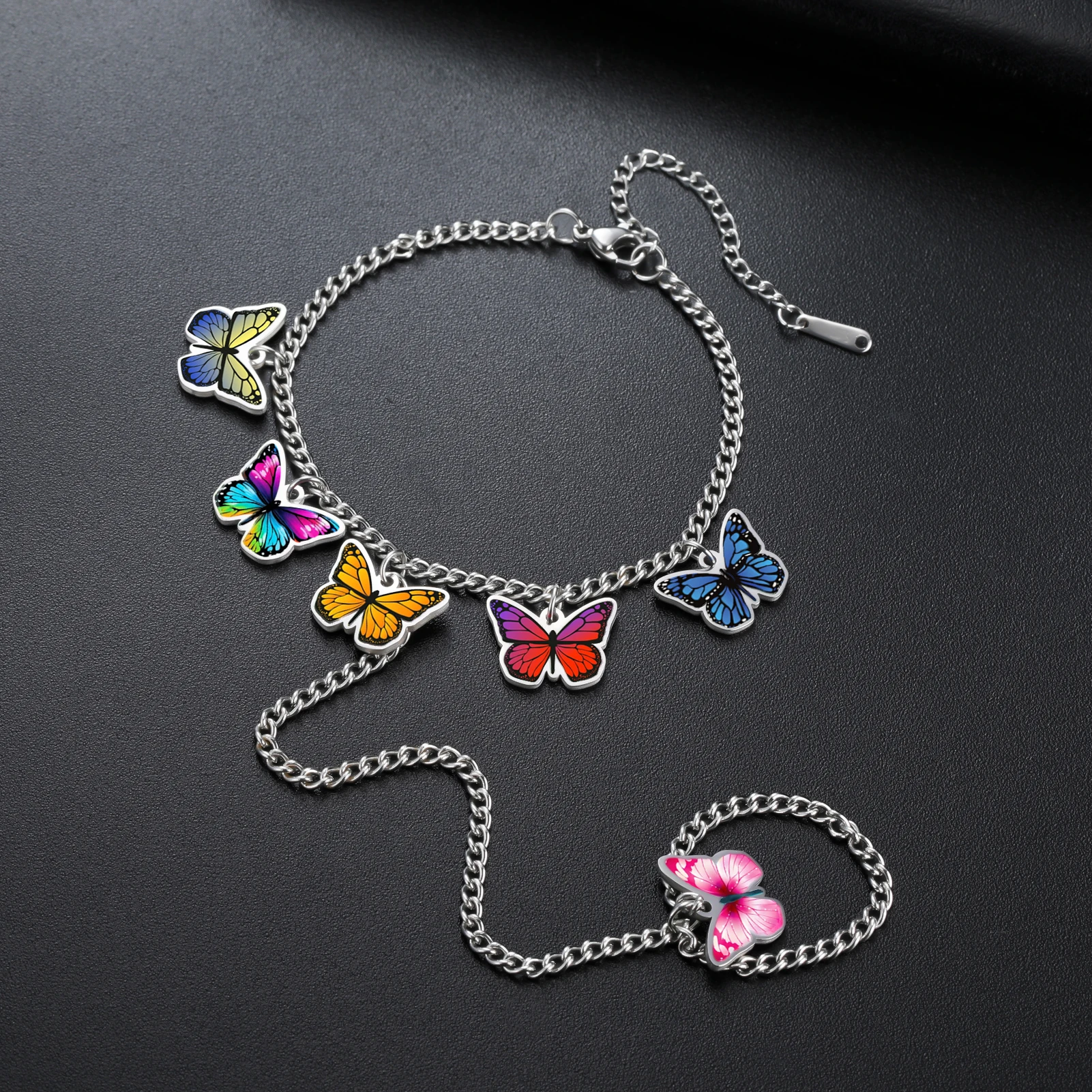 

﻿ Vintage Colorful Drop Oil Butterfly Bracelets For Women Sliver Color Stainless Steel Butterfly Pendant Adjustable Charm Gifts