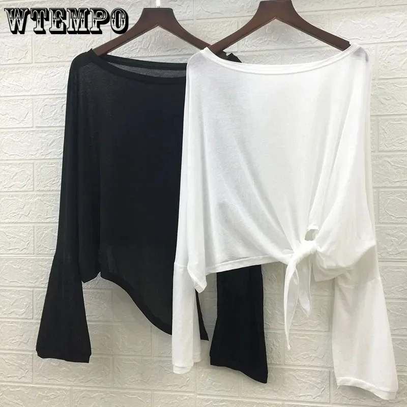 WTEMPO Ice Silk Solid Color Sunscreen T-Shirts Women New Summer Split Irregular Long Sleeve Shirts Loose Casual Perspective Tops