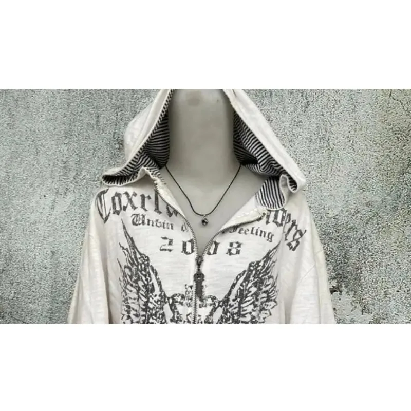 Vintage Sweatshirts 2024 Women\'s Clothes White Print Tunic Hooded Y2k Coat Streetwear Fashion Casual Hoodies Tops Ropa Mujer