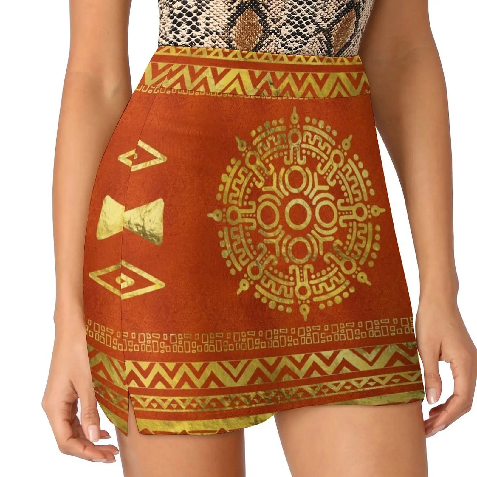 

Gold Aztec Calendar Sun symbol Mini Skirt micro mini skirt extreme Women clothing