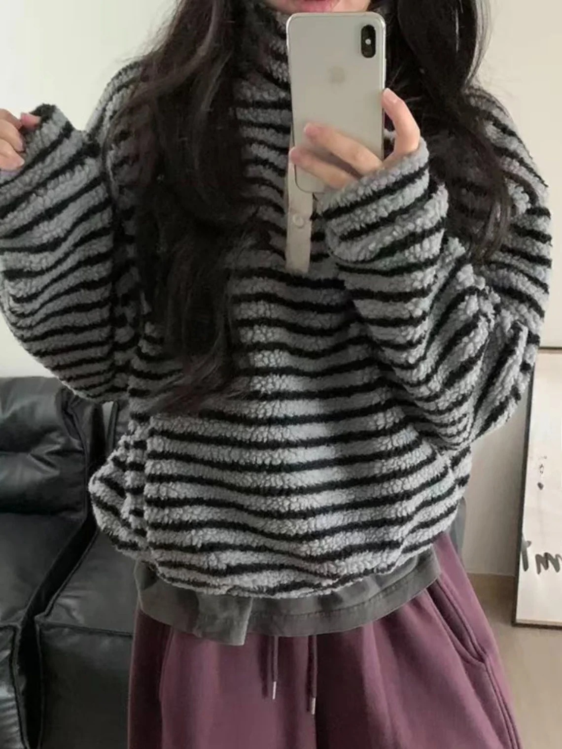 

Chic Autumn Winter Button up f Open Collar Long Sve Striped Fce Jaet Cotton Sweatirt Women's Trendy Top