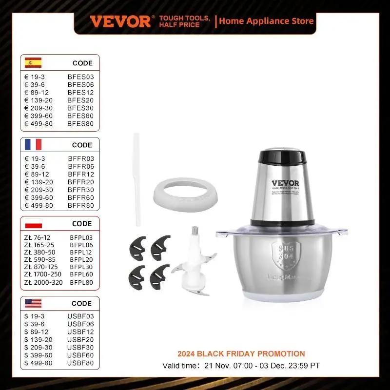 VEVOR Picadora Eléctrica Multifuncional Picadora de Carne 400W con Bol de Acero Inoxidable 2L 8 Tazas Hoja de Acero Inoxidable con 4 Aletas 2 Velocidades para Frutas Verduras Cebolla Comida para Bebés