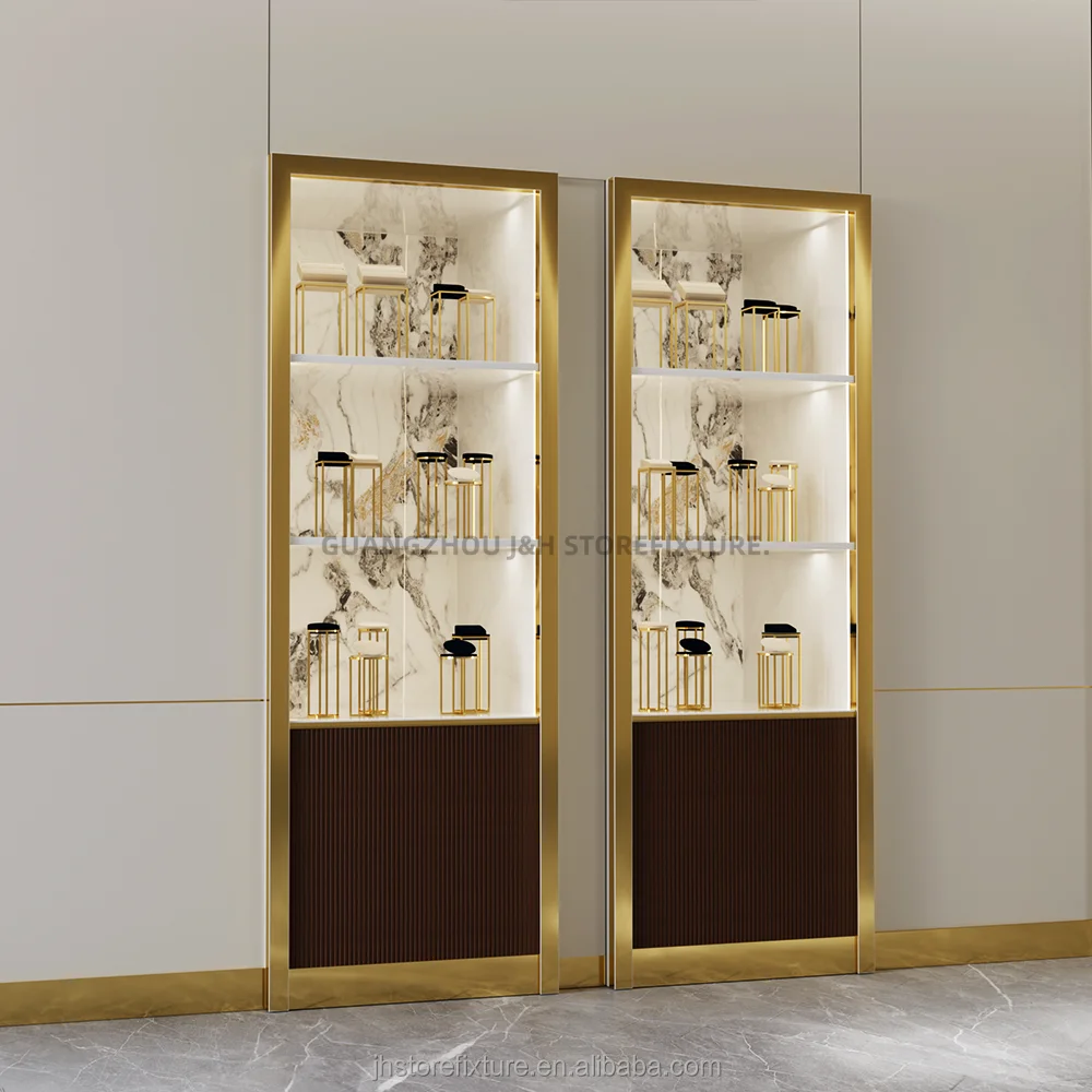 ตู้โชว์น้ำหอมหรูหราสีทองแบบติดผนัง ดีไซน์ตกแต่งร้านค้าและโชว์เครื่องประดับสั่งทำพิเศษจากโรงงาน