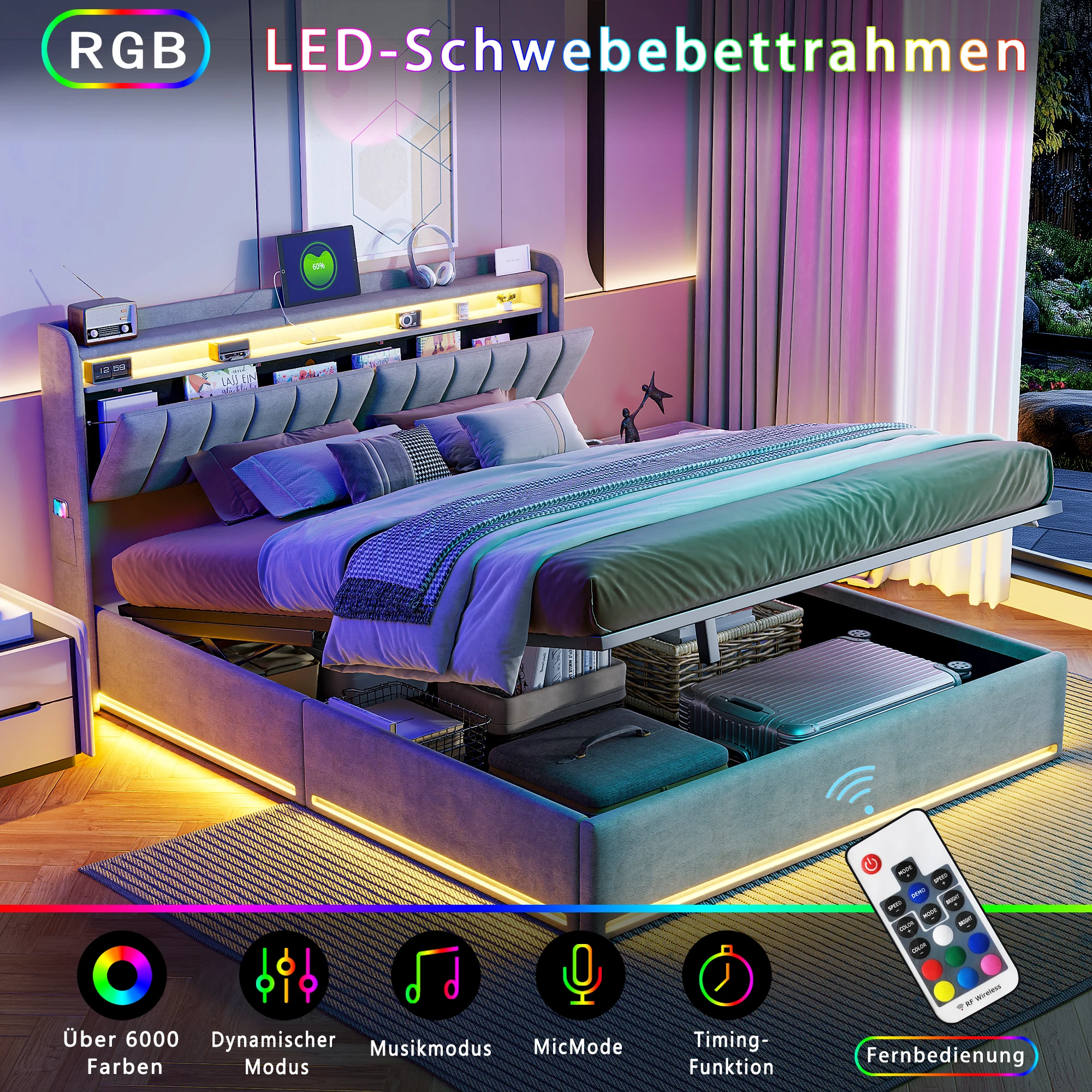Rosahqnda 90/140/160*200cm Doppelbett,Kopfteil mit LED-Beleuchtung,USB-Anschlüssen et Ablagefach,Stauraumbett,Gästebett,Samt
