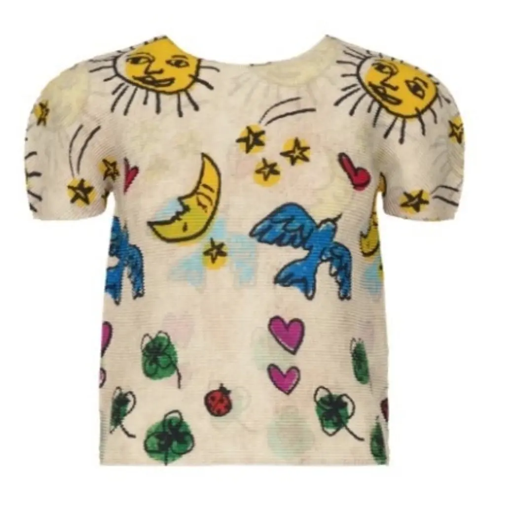 

Женская стильная плиссированная футболка с короткими рукавами и принтом граффити Miyake, модная, удобная, универсальная летняя одежда