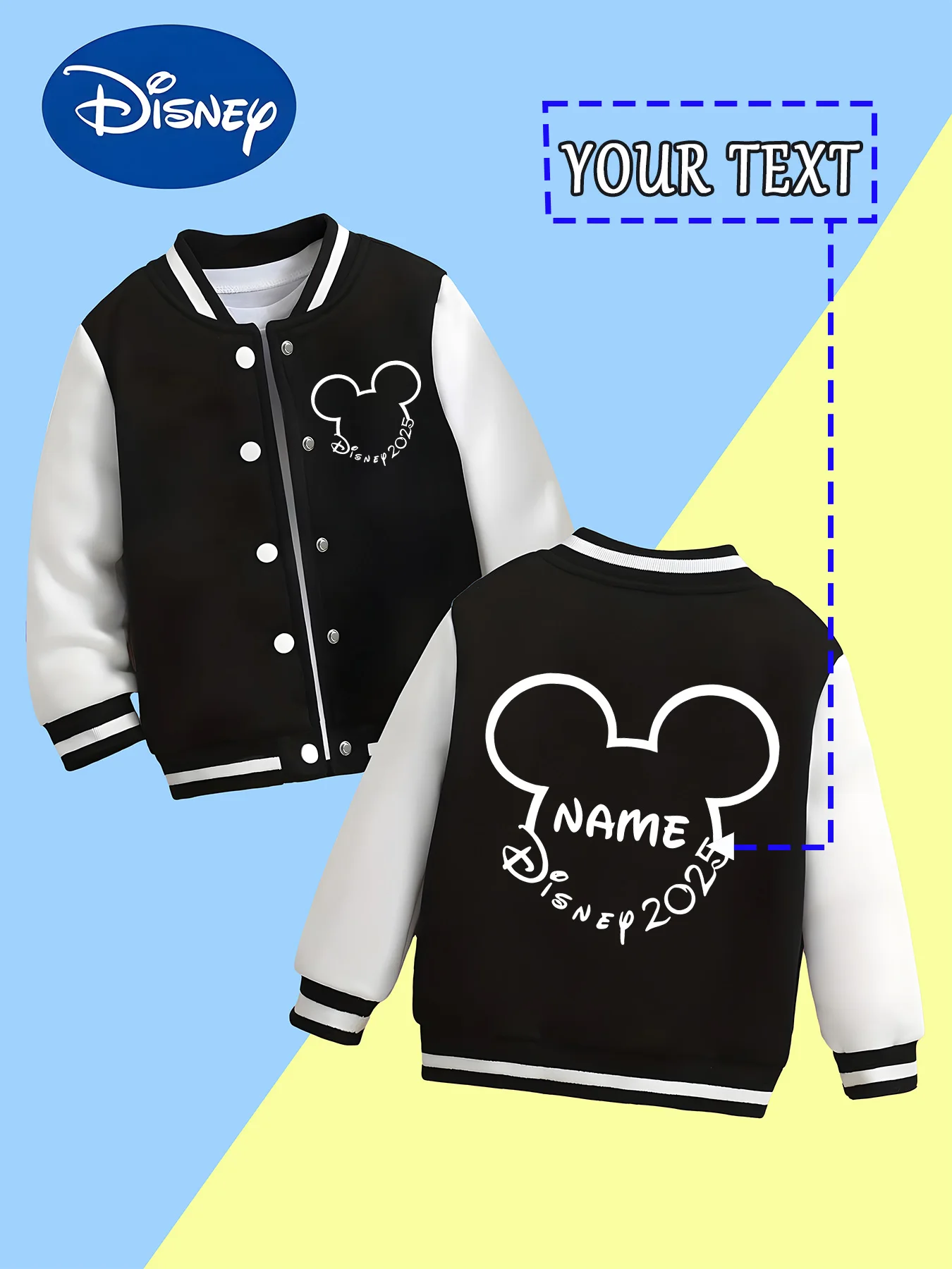 سترة بيسبول مينيسو ديزني للأولاد - صورة ظلية ميكي مخصصة، تذكارية حصرية لعام 2025، حفلات أعياد الميلاد، نزهات عائلية، S