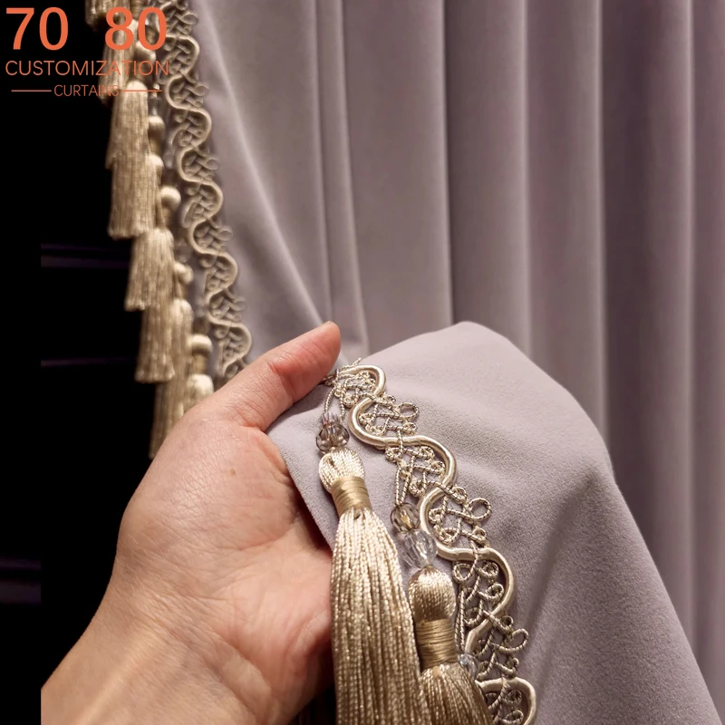 New Light Purple Velvet Lace Patched Curtains for Living Room Bedroom French Window Balcony Floating Window Customized Villa