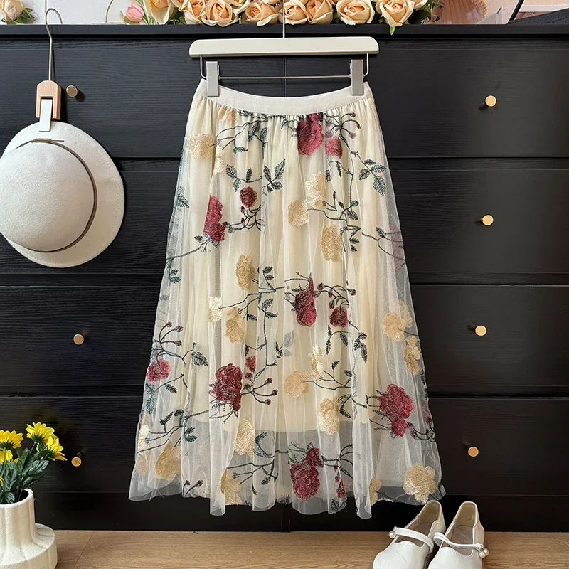 Kimotimo Vintage Embroidery Flower Mesh Patchwork Skirt Women 2025 Spring High Waist Pleated Big Swing Midi Skirts Fashion Skort