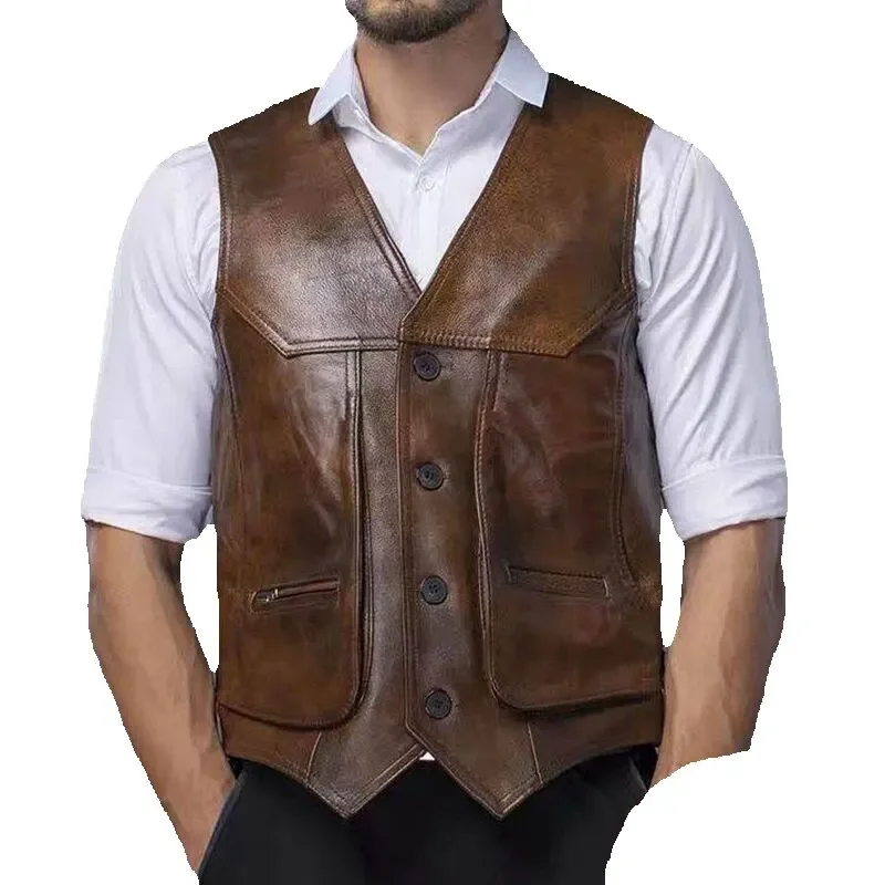 Large Piece of Genuine Leather Motorcycle Vest Mens Fit Real Cowhide Leather Waistcoat Bikers Vest Sleeveless Jacket ZL366