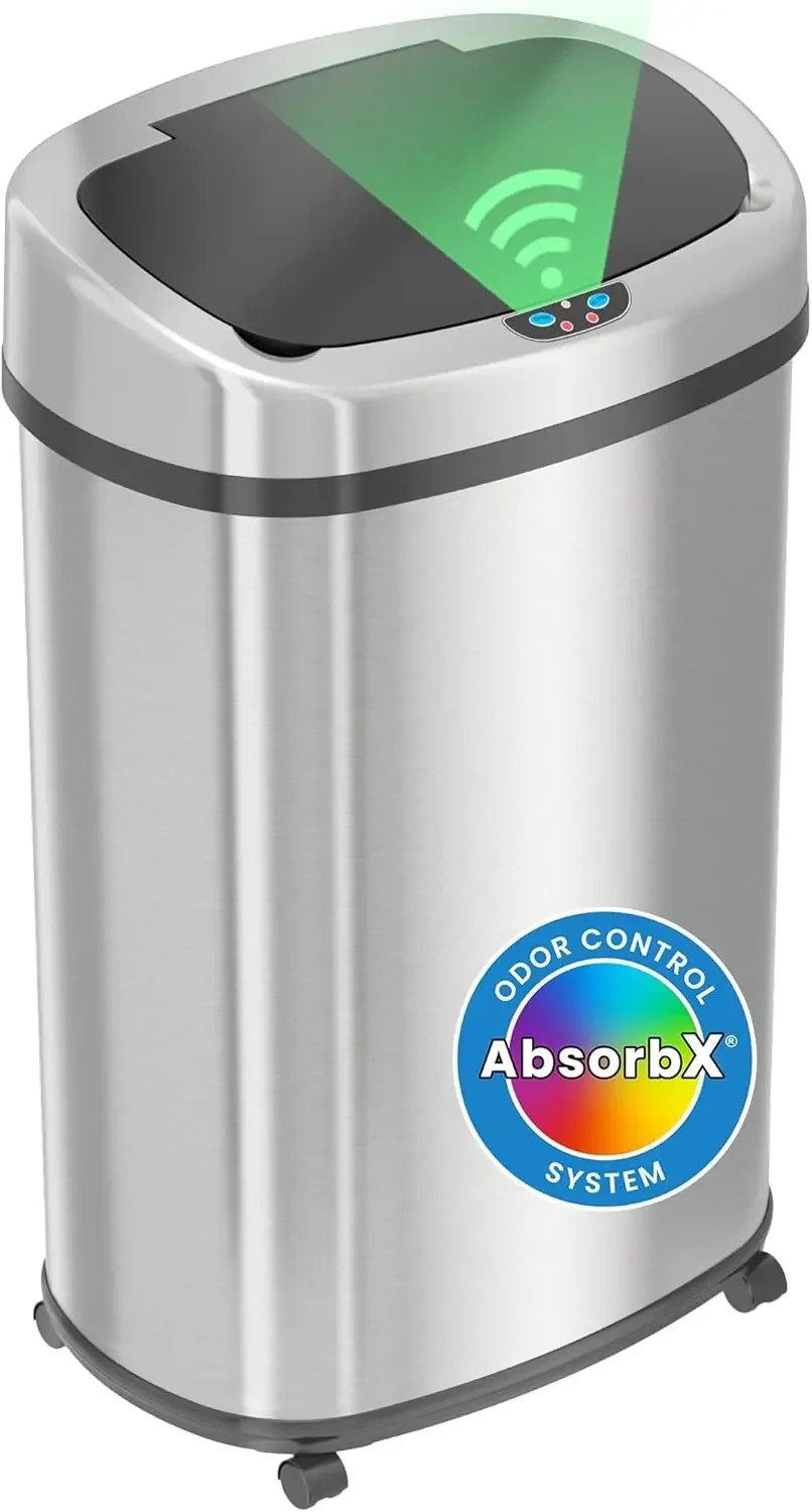 

13 Gallon Sensor Trash Can with Wheels and AbsorbX Odor Control System, Stainless Steel, Oval Shape Automatic Kitchen and Office