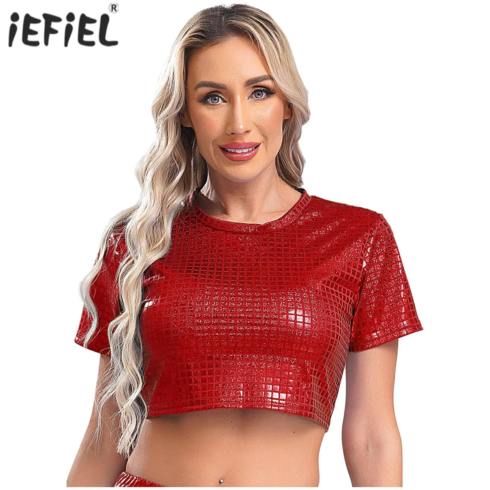 Womens Round Neck Short Sleeve T-shirt Metallic Plaid Crop Top Pole Dance Clothings Stage Performance Rave Party Costume