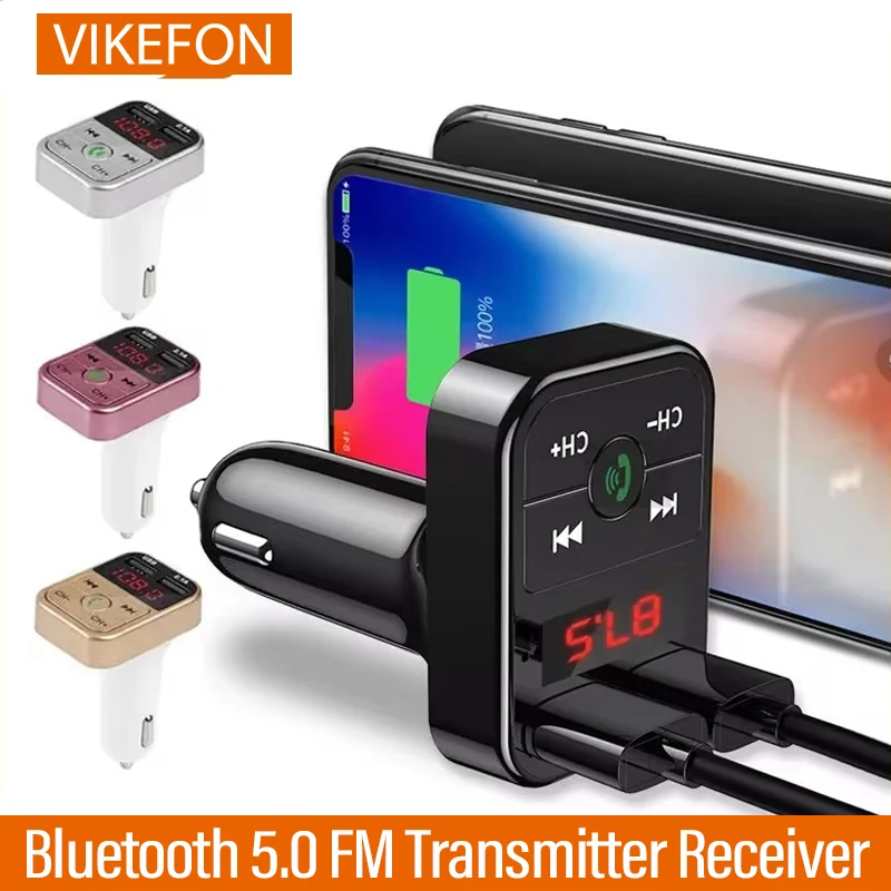 VIKEFON Car Bluetooth 5.0 FM Transmitter Receiver TF Handsfree Car Kit 2.1A Dual USB Car Charger Audio Wireless Car Adapter