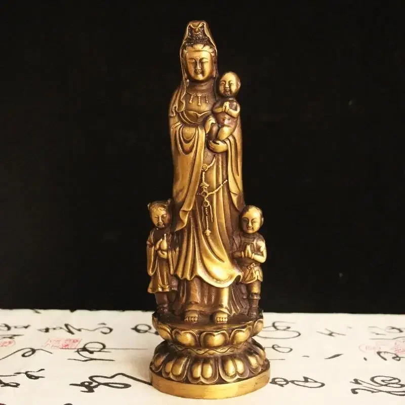 Feng Shui Guanyin Copper Statue of Buddha Standing Holding The Child Bodhisattva Home Living Decor Crafts