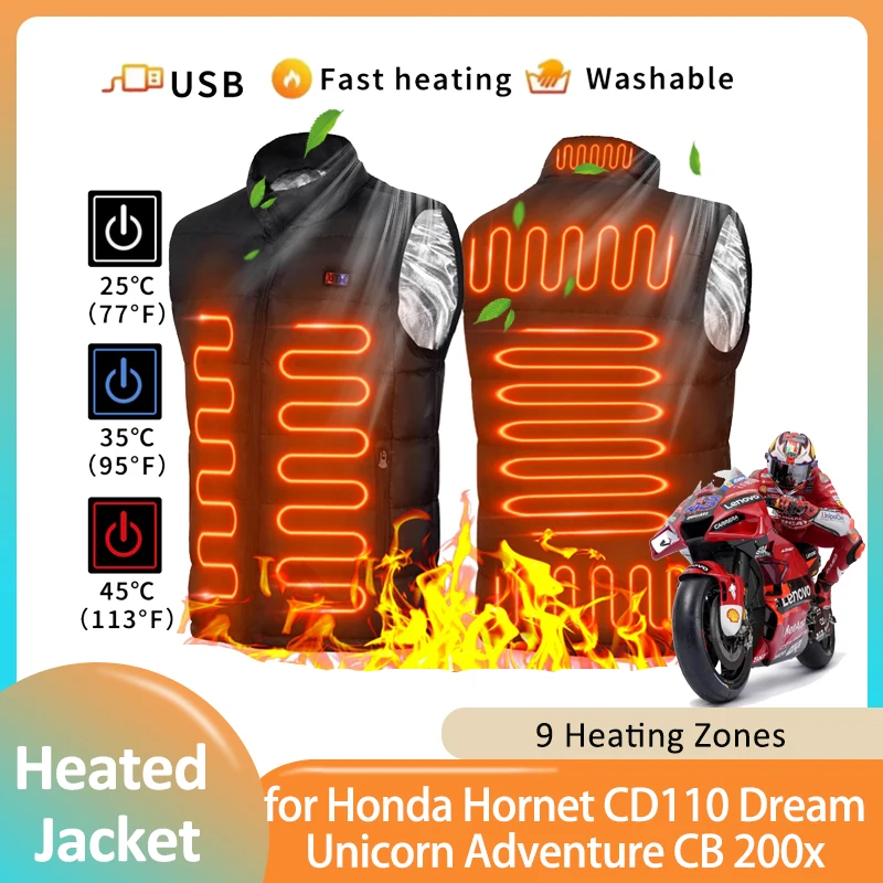 9 Heated Vest Zone Electric Heated Jacket Sportswear Vest Coat Graphene USB Heating for Honda Hornet CD110 Dream DX Unicorn Auto