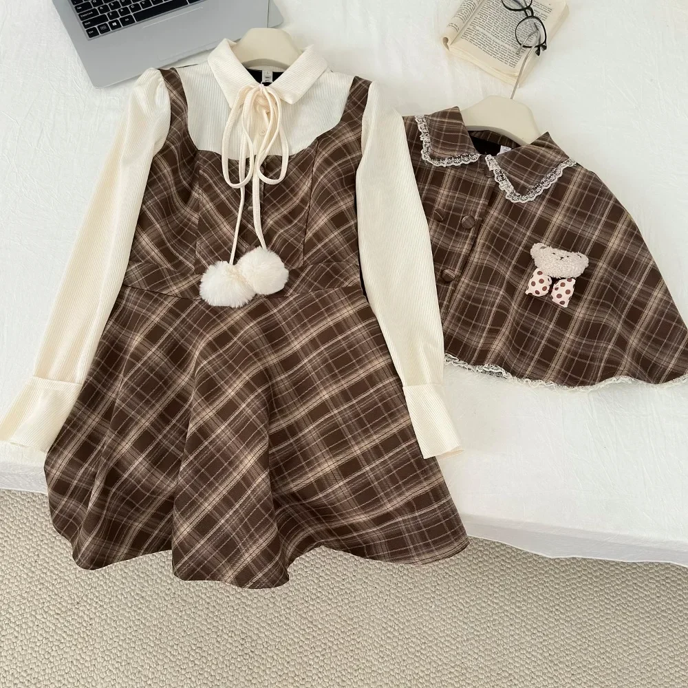 Herbst Vintage Plaid 2 Stück Sets Frauen Japanische Süße Chic Gefälschte 2 Stück Kleid + Spitze Nette Elegante Cape Weibliche retro Kleidung