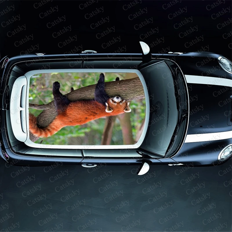 Red Lesser Panda Print Car Roof Sticker Wrap Racing SUV Auto Accessories Packaging Painted PVC Car Hood Graphic Decal Decoration