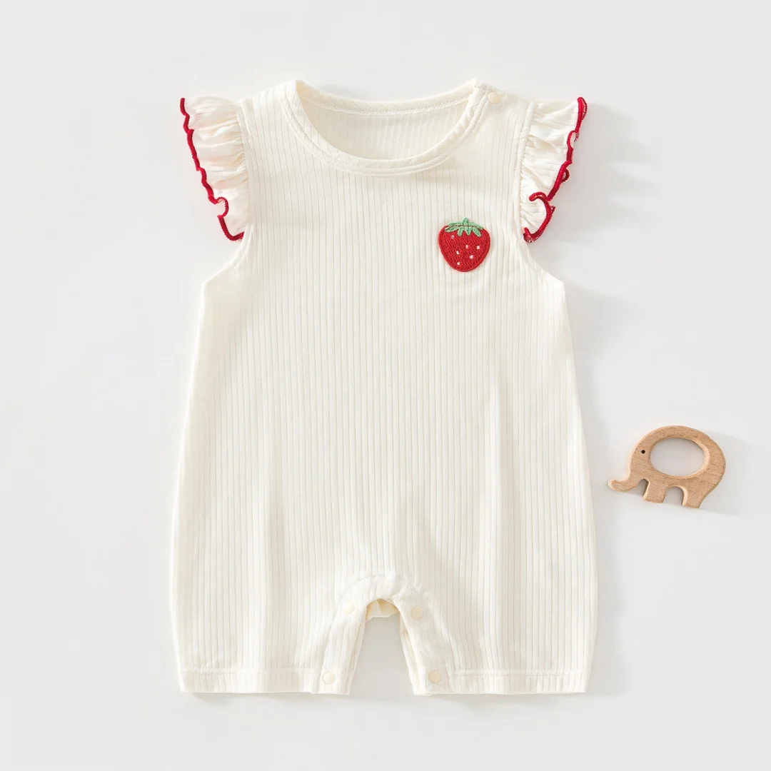 Summer Sweet Style Baby Bodysuit Strawberry Embroidery Ruffle Sleeveless O-Neck Jumpsuit for Girls Thin Soft Toddler Romper