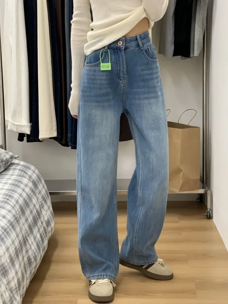 بنطال جينز ريترو Fce واسع الساق للنساء على شكل كمثرى مقاس كبير بخصر عالٍ للتخسيس وفضفاض مستقيم بطول الأرض