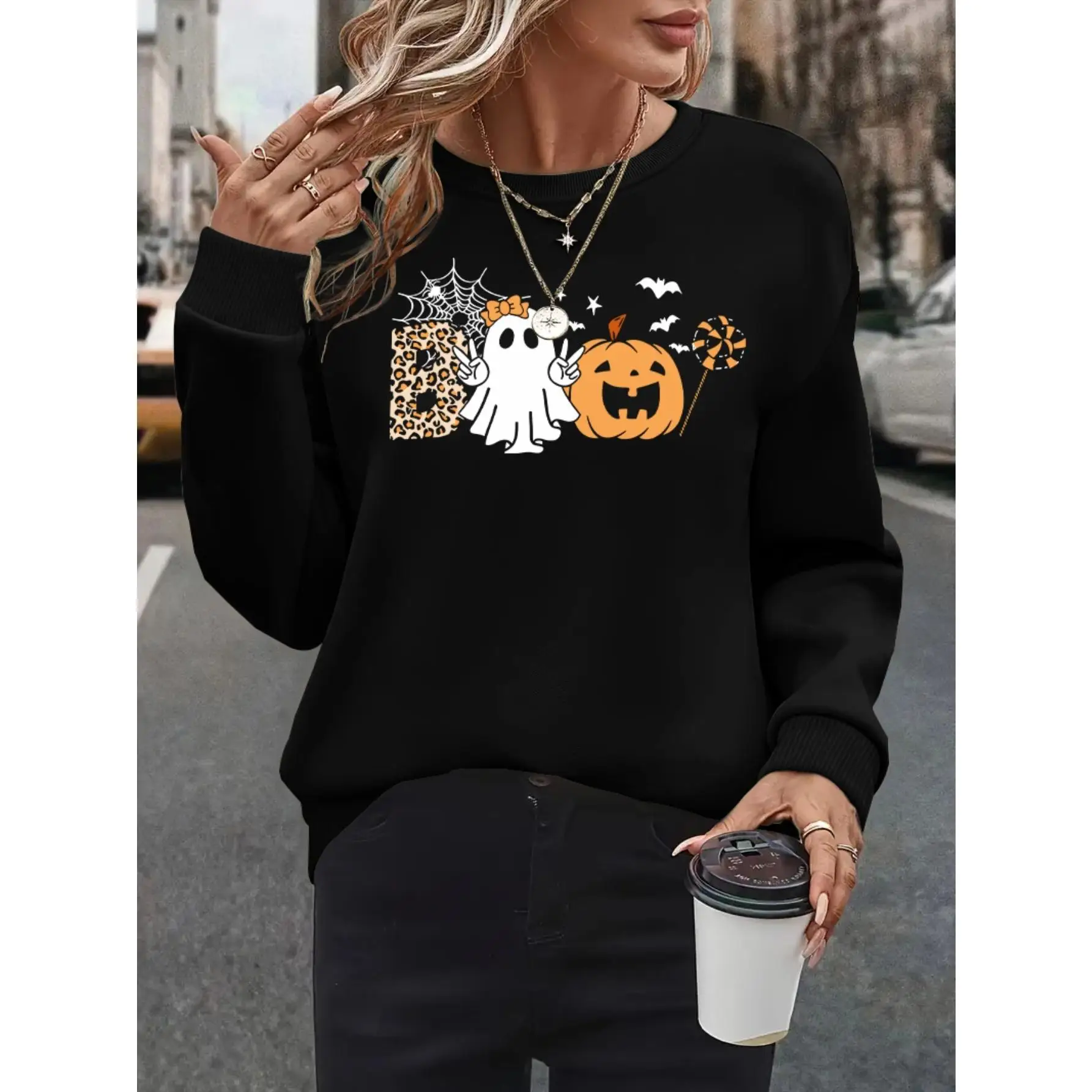 

Oversized Cute Halloween Graphic Sweatshirt for Women, Funny Boo Ghost and Pumpkin Print Pullover Top, Spooky Fall Party Gift