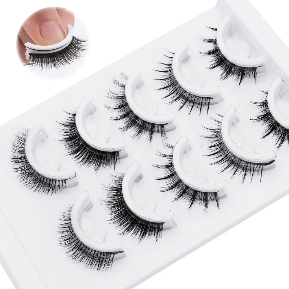 5 pares de cílios autoadesivos de aparência natural, faixa preta fina, cílios de olho de gato, curtos naturais, 6-12mm, cílios pré-colados