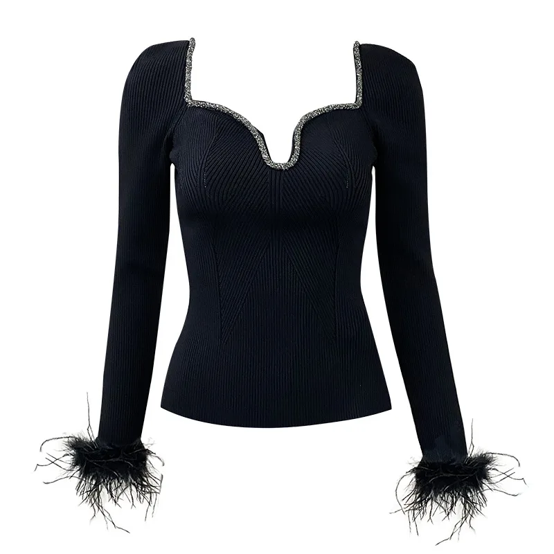 Spring Autumn Lady New Fashion Hot Drilling Neckline Long Sleeve Feather Cuff Slim Fitted Women Pullover Knits Shirts