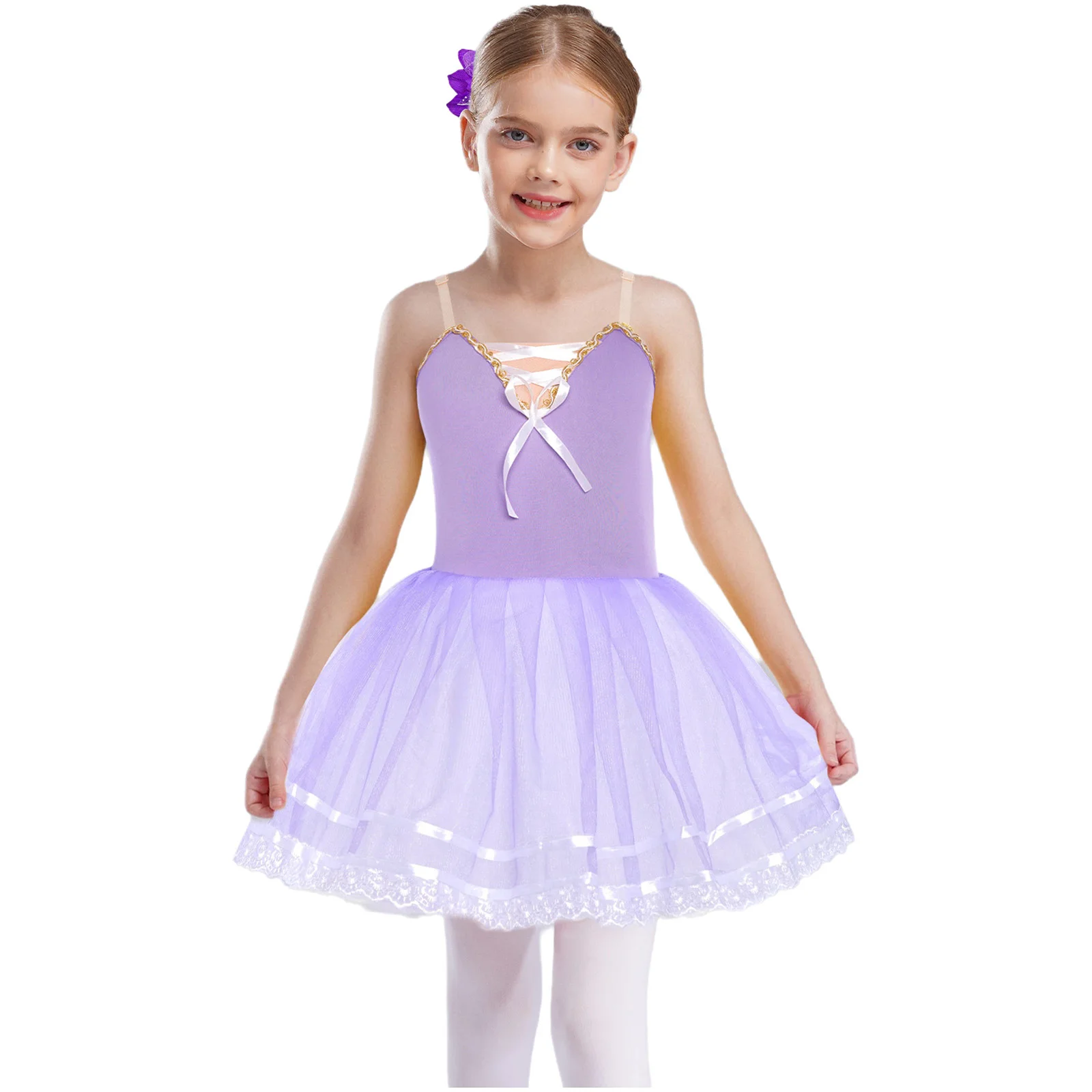 เด็กสาวบัลเล่ต์ชุดแขนกุดปรับสายรัดลูกไม้ Trim Layered Tulle Tutu ชุด + Headwear ชุดเต้นรําเครื่องแต่งกาย