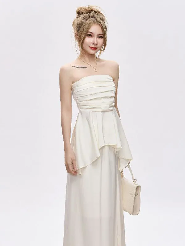 

Летний модный комплект 2025: белый асимметричный укороченный топ без спинки и юбка с высокой талией, женский комплект из двух предметов, полиэстер