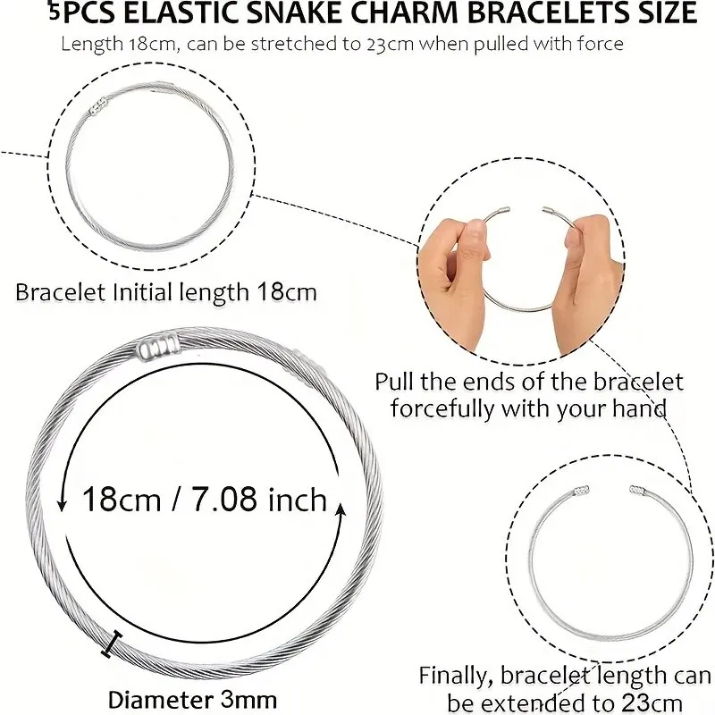 5pcs Stainless Steel Snake Chain Charm Bracelet With Bracelet Helper Adjustable Snake Shape Bracelet Chain For Women Girls DIY