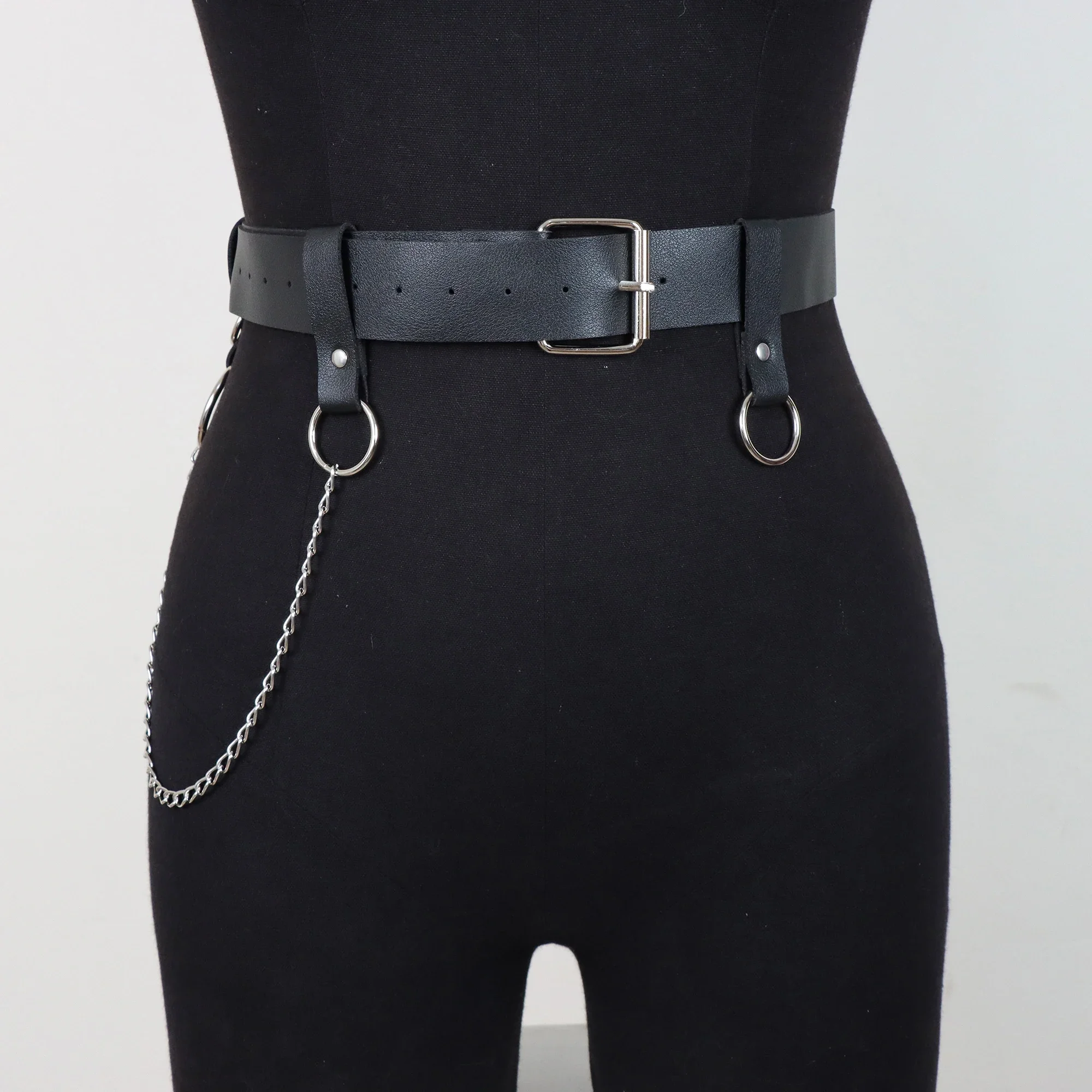 Chic Lady Club Women Gothic Punk Waist Belt Metal Circle Ring Design Silver Pin Buckle Leather Black Waistband Jeans Waist Belts