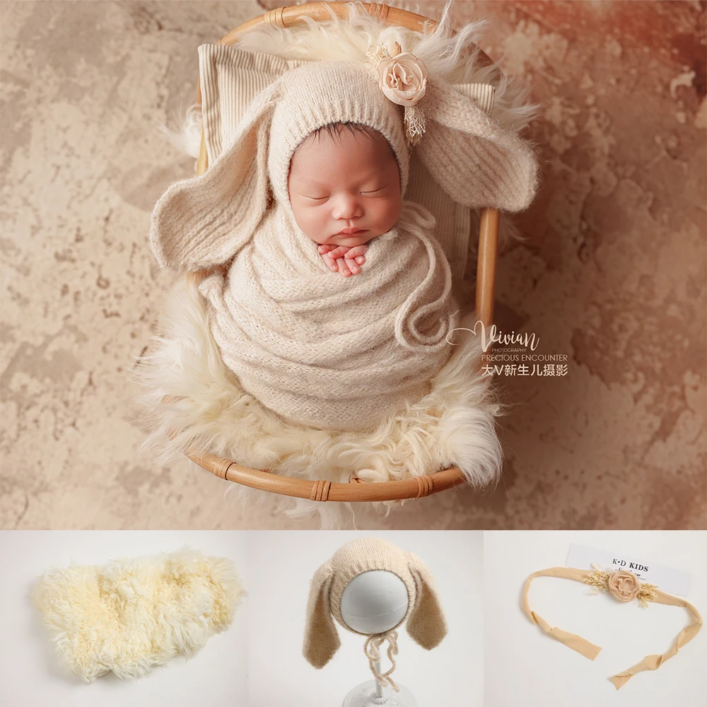 Neutral Newborn Photography Props Bundle Soft Knit Bunny Hat Floral Headband Cozy Wrap Baby Photo Studio Accessories for Newborn