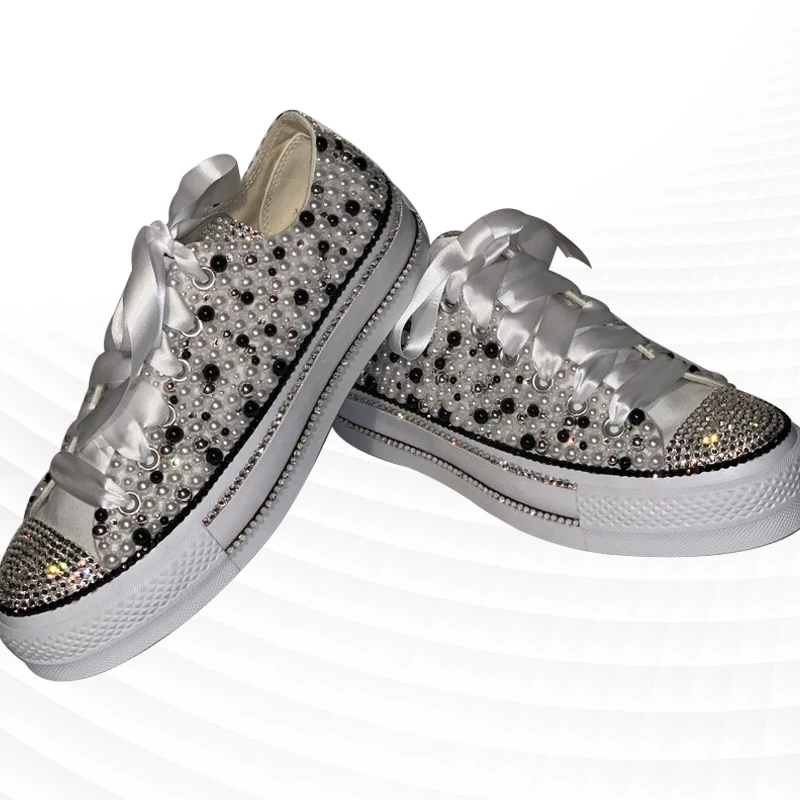 Silver Low Ribbon Canvas Shoes Sports Comfortable Walking Shoes Handmade Rhinestone Ribbon Pearl Vulcanized Shoes 35-46